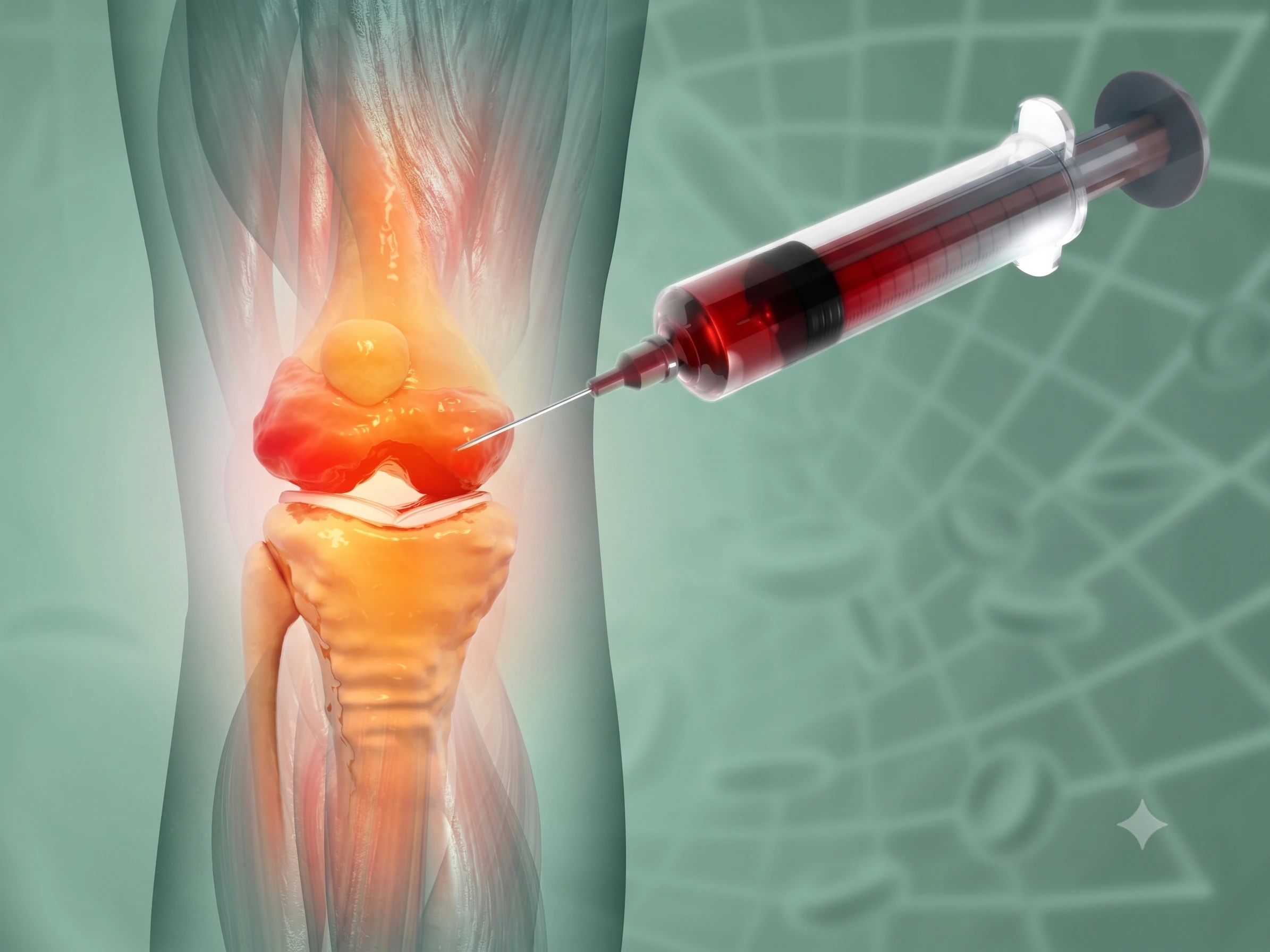 Illustration of a platelet-rich plasma injection being guided into an inflamed knee joint